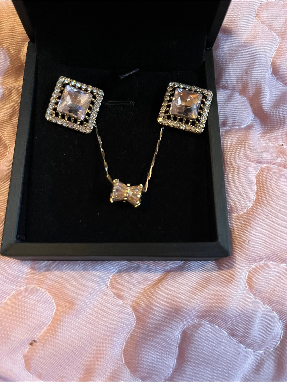 Silver-Tone Pink Crystal Square Stud Earrings and Pendant Set